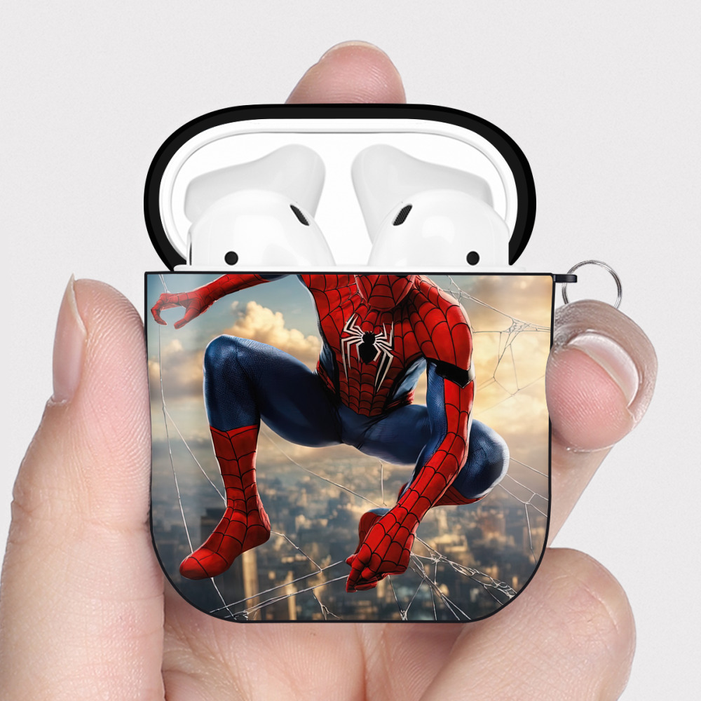 （画像用） Spider Man スパイダーマン AirPods 第2世代保護ケース ハードシェル ブラック 耐衝撃・防指紋・カラビナ付き