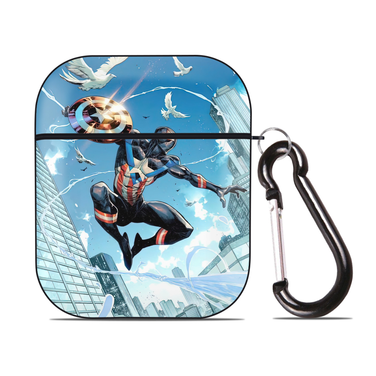 （画像用） Spider Man スパイダーマン AirPods 第2世代保護ケース ハードシェル ブラック 耐衝撃・防指紋・カラビナ付き