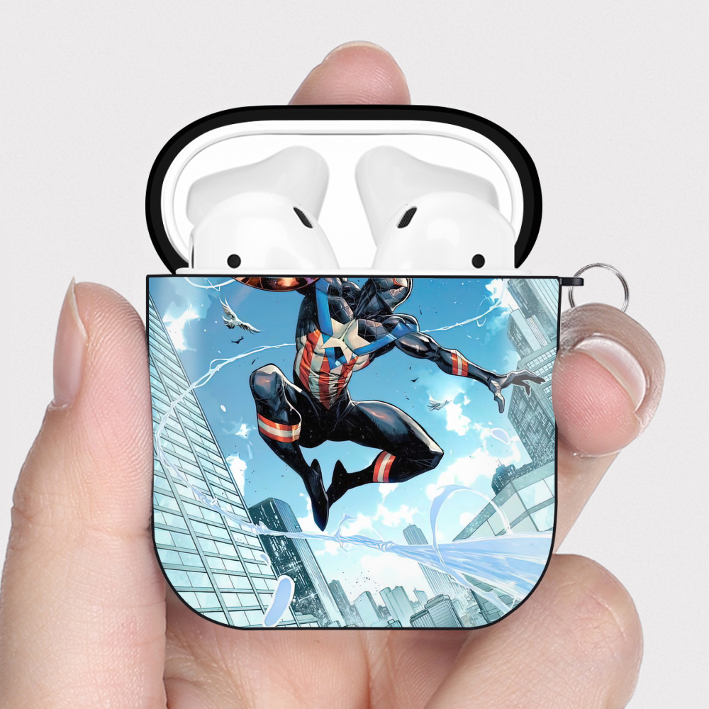 （画像用） Spider Man スパイダーマン AirPods 第2世代保護ケース ハードシェル ブラック 耐衝撃・防指紋・カラビナ付き