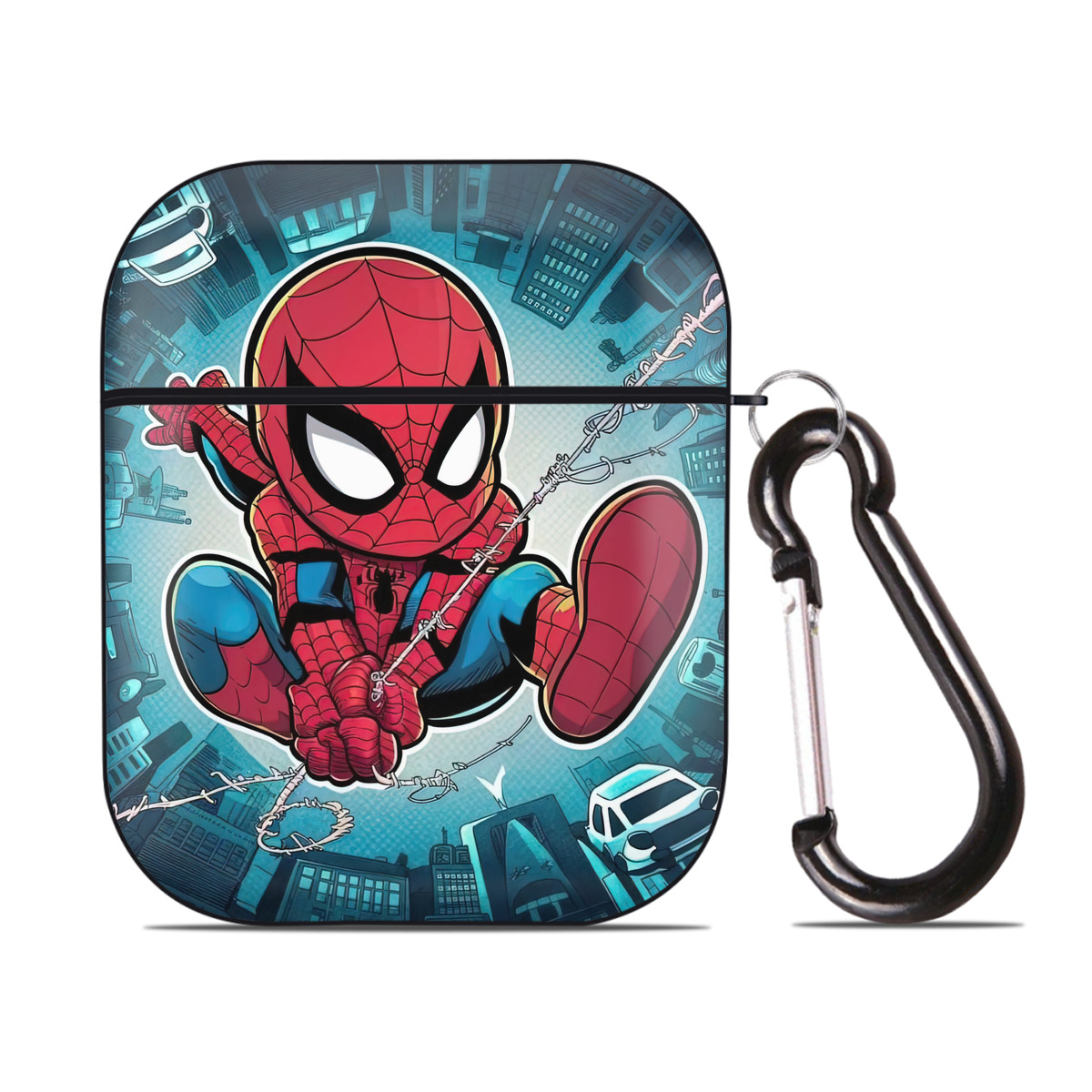 （画像用） Spider Man スパイダーマン AirPods 第2世代保護ケース ハードシェル ブラック 耐衝撃・防指紋・カラビナ付き