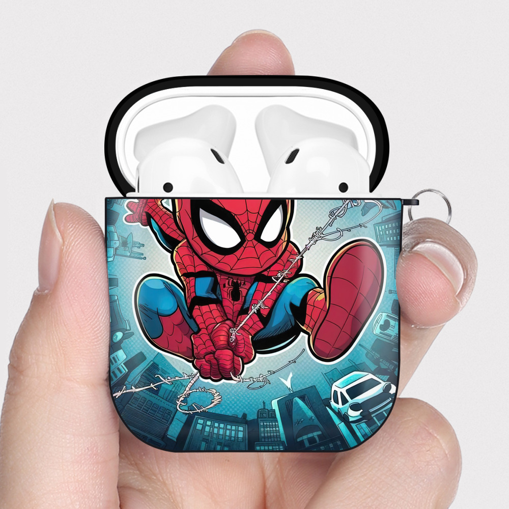 （画像用） Spider Man スパイダーマン AirPods 第2世代保護ケース ハードシェル ブラック 耐衝撃・防指紋・カラビナ付き