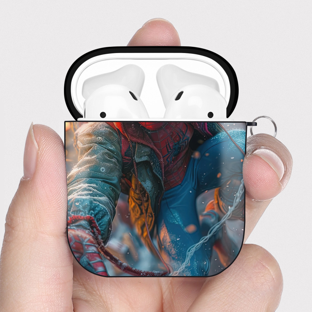 （画像用） Spider Man スパイダーマン AirPods 第2世代保護ケース ハードシェル ブラック 耐衝撃・防指紋・カラビナ付き