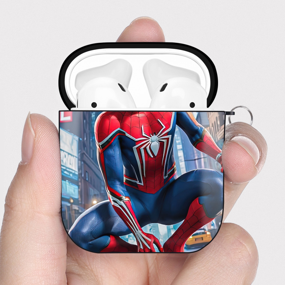 （画像用） Spider Man スパイダーマン AirPods 第2世代保護ケース ハードシェル ブラック 耐衝撃・防指紋・カラビナ付き
