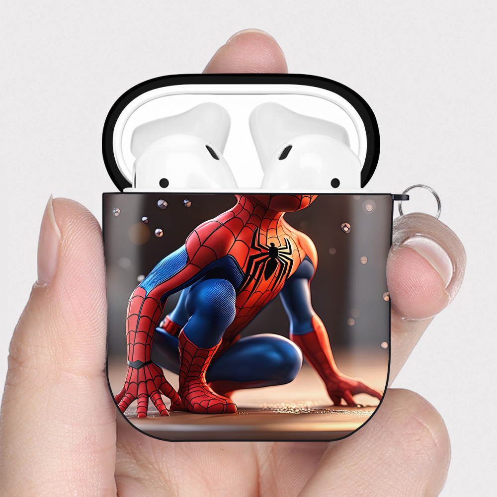 （画像用） Spider Man スパイダーマン AirPods 第2世代保護ケース ハードシェル ブラック 耐衝撃・防指紋・カラビナ付き