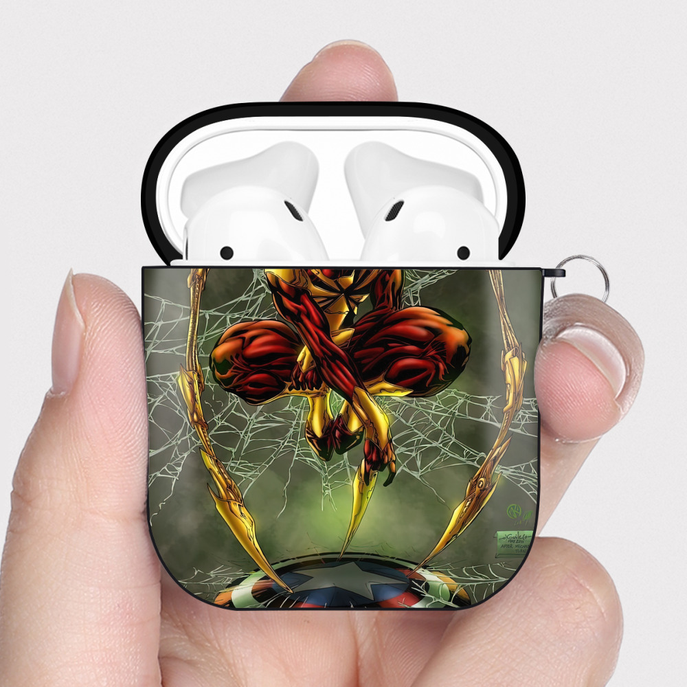 （画像用） Spider Man スパイダーマン AirPods 第2世代保護ケース ハードシェル ブラック 耐衝撃・防指紋・カラビナ付き