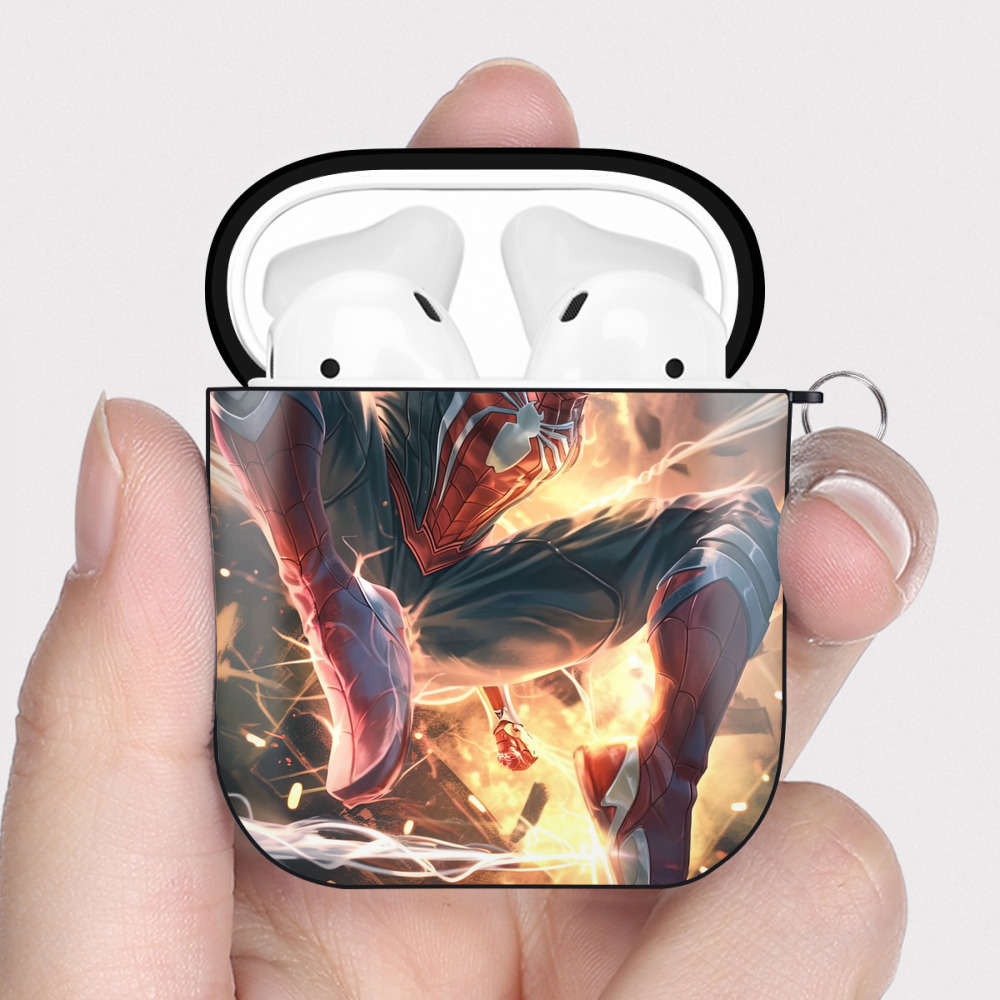 （画像用） Spider Man スパイダーマン AirPods 第2世代保護ケース ハードシェル ブラック 耐衝撃・防指紋・カラビナ付き