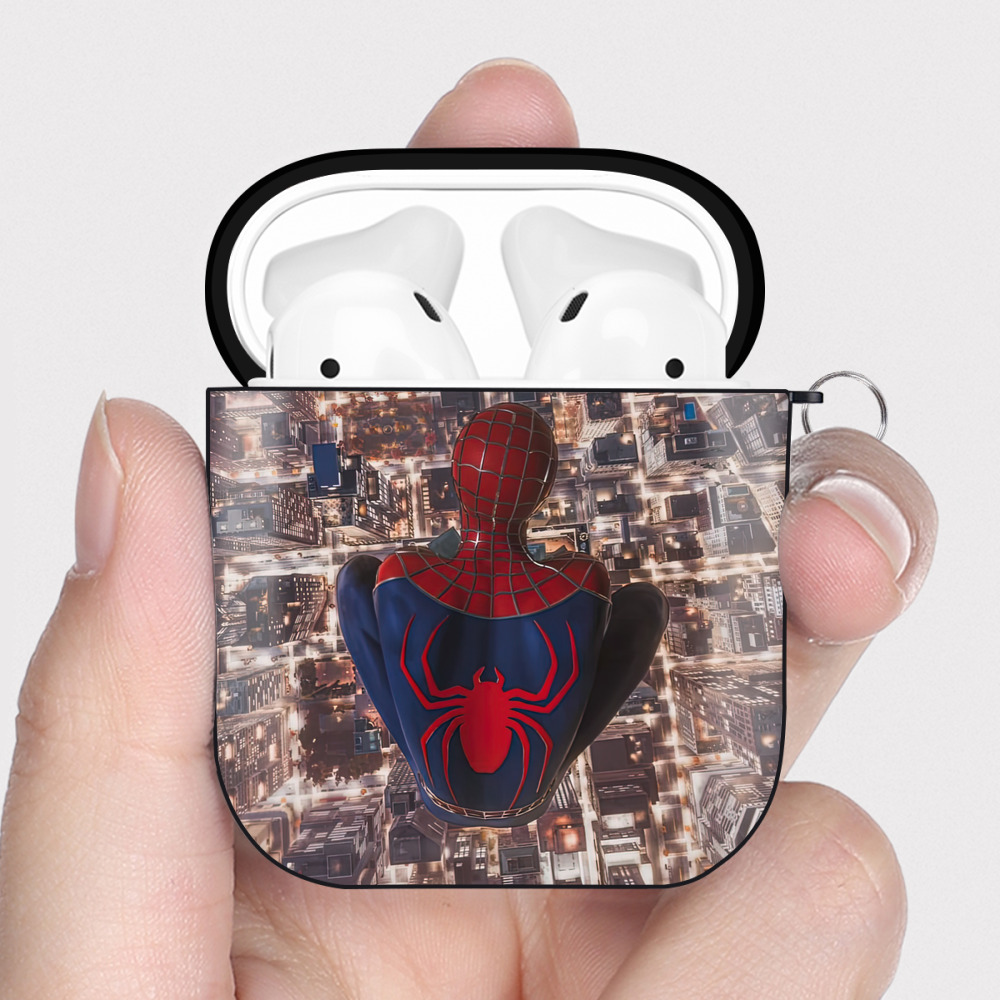 （画像用） Spider Man スパイダーマン AirPods 第2世代保護ケース ハードシェル ブラック 耐衝撃・防指紋・カラビナ付き