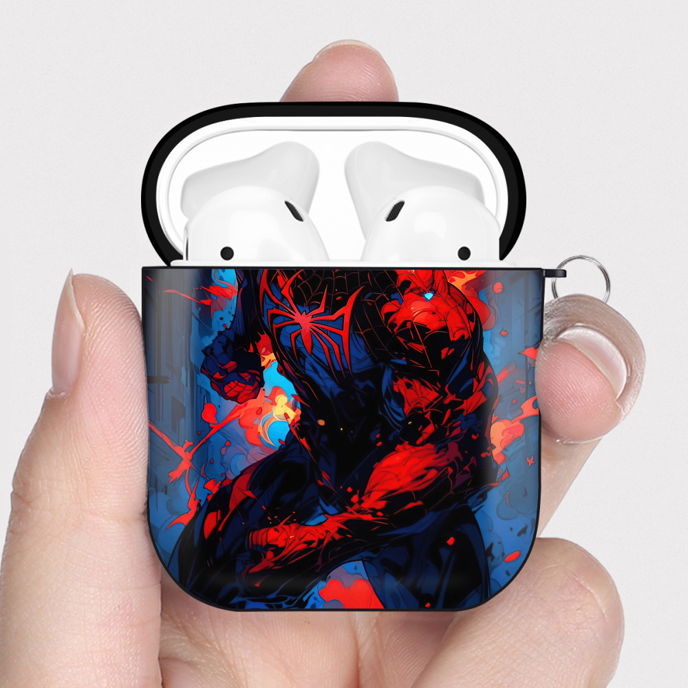 （画像用） Spider Man スパイダーマン AirPods 第2世代保護ケース ハードシェル ブラック 耐衝撃・防指紋・カラビナ付き