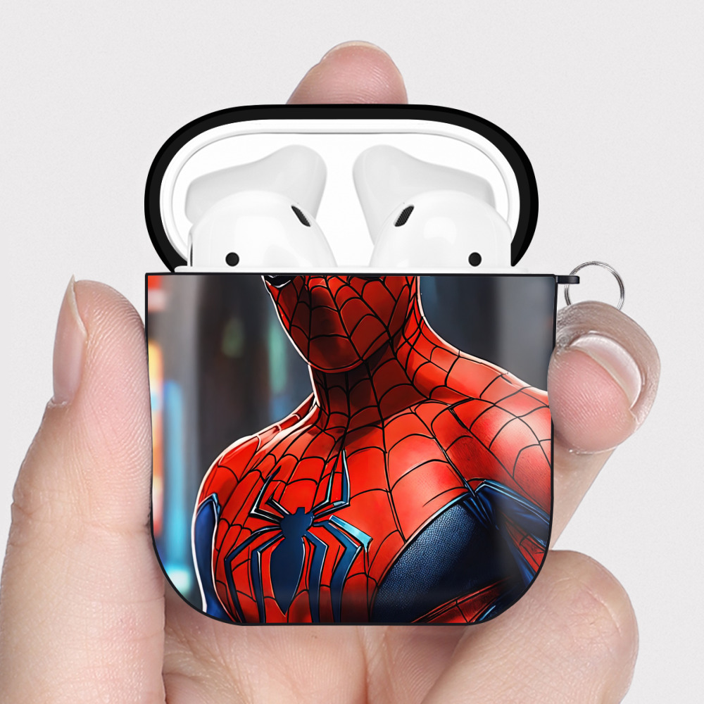 （画像用） Spider Man スパイダーマン AirPods 第2世代保護ケース ハードシェル ブラック 耐衝撃・防指紋・カラビナ付き