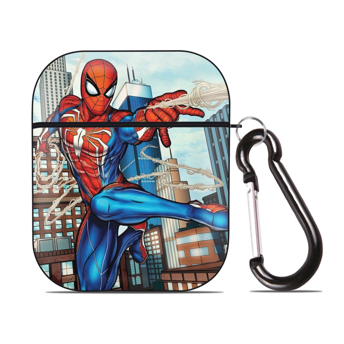 （画像用） Spider Man スパイダーマン AirPods 第2世代保護ケース ハードシェル ブラック 耐衝撃・防指紋・カラビナ付き