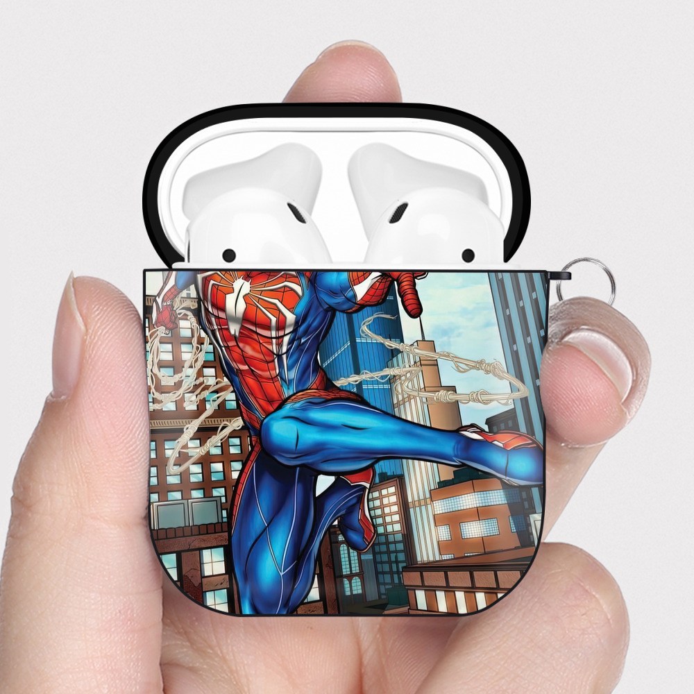 （画像用） Spider Man スパイダーマン AirPods 第2世代保護ケース ハードシェル ブラック 耐衝撃・防指紋・カラビナ付き
