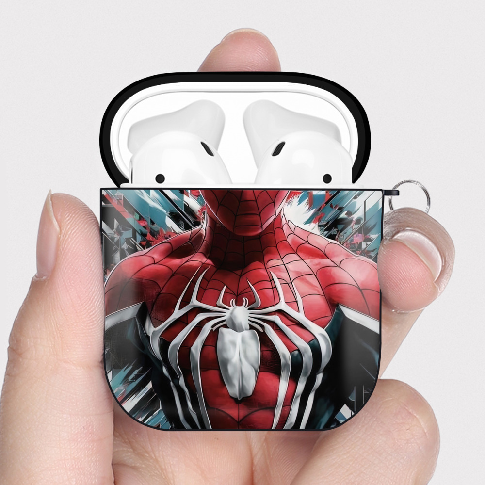 （画像用） Spider Man スパイダーマン AirPods 第2世代保護ケース ハードシェル ブラック 耐衝撃・防指紋・カラビナ付き