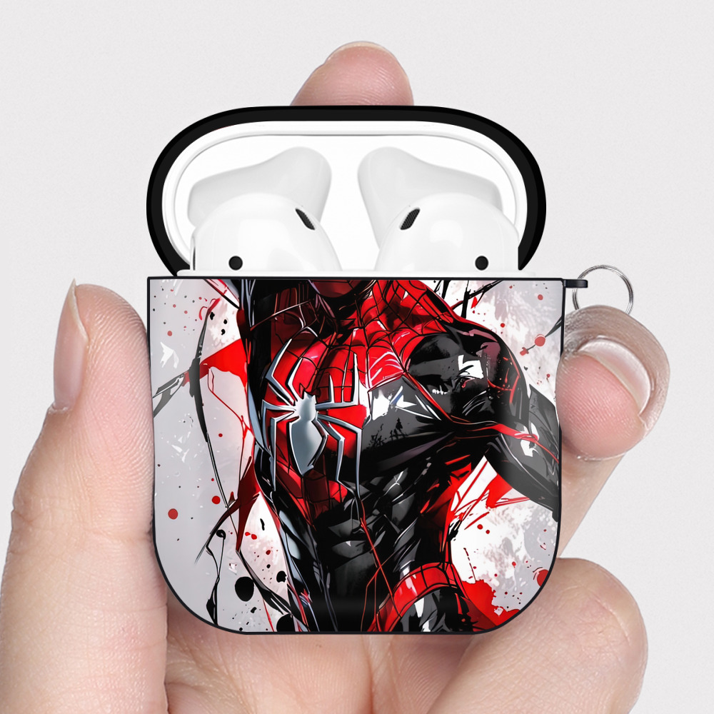 （画像用） Spider Man スパイダーマン AirPods 第2世代保護ケース ハードシェル ブラック 耐衝撃・防指紋・カラビナ付き