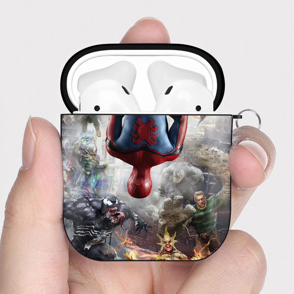 （画像用） Spider Man スパイダーマン AirPods 第2世代保護ケース ハードシェル ブラック 耐衝撃・防指紋・カラビナ付き