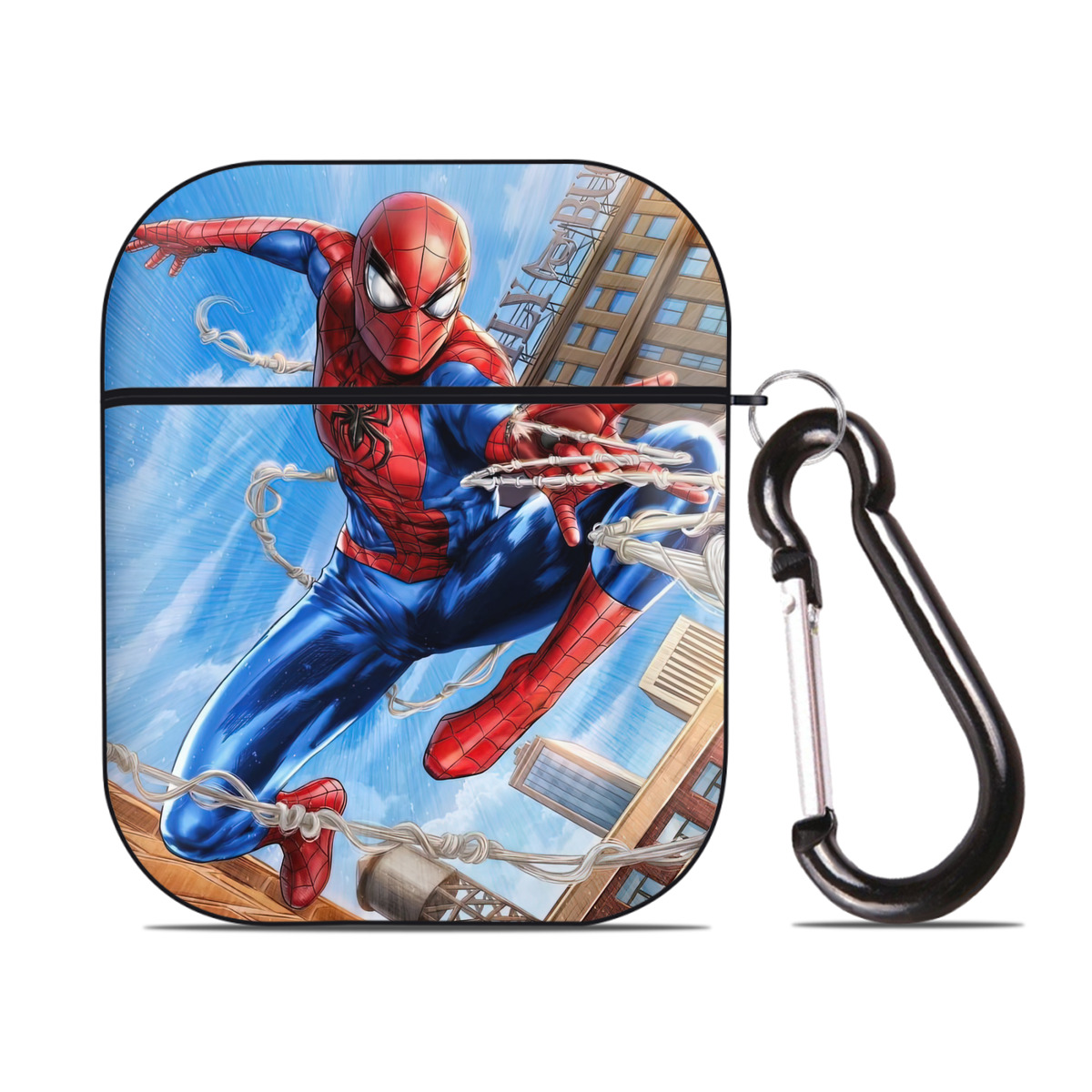 （画像用） Spider Man スパイダーマン AirPods 第2世代保護ケース ハードシェル ブラック 耐衝撃・防指紋・カラビナ付き