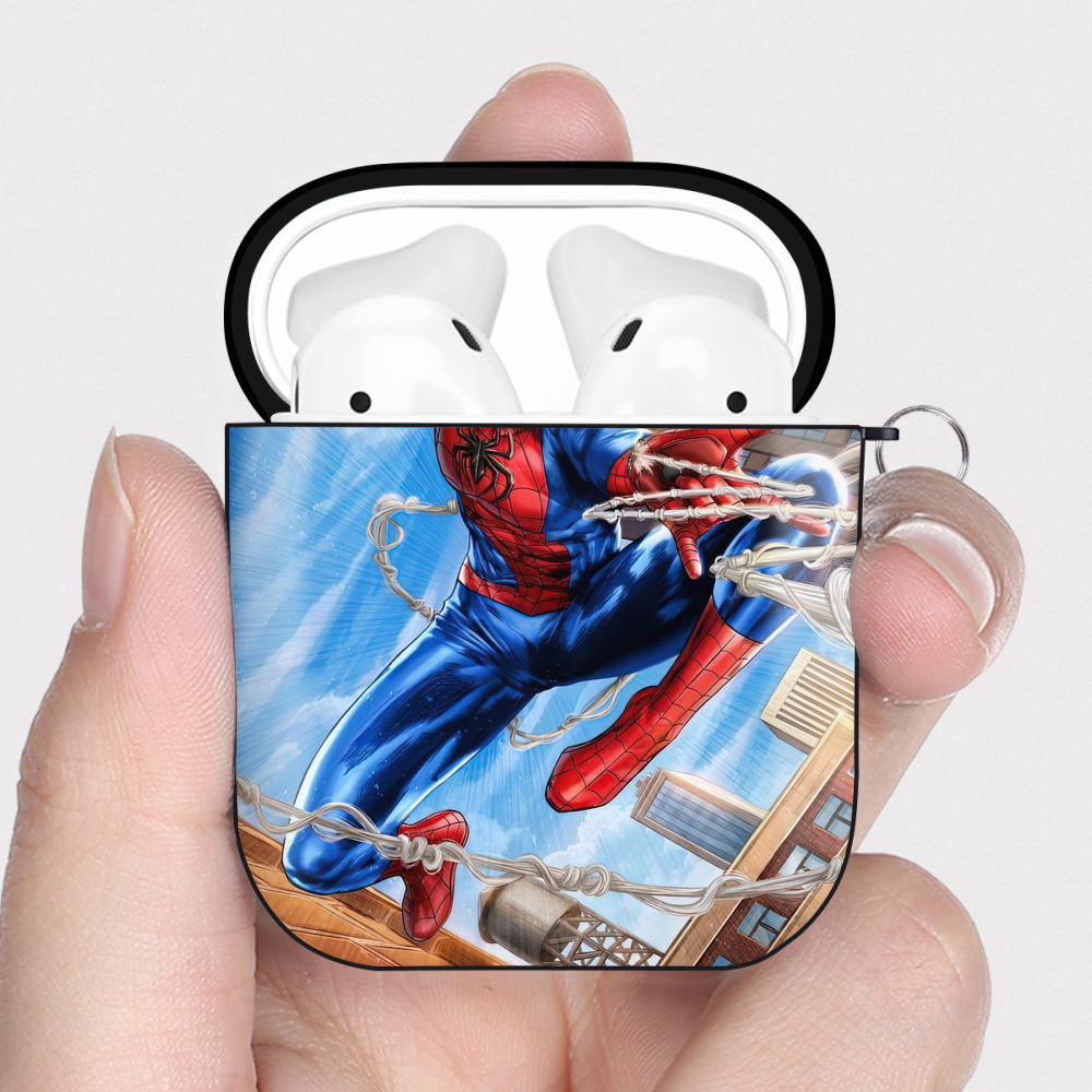 （画像用） Spider Man スパイダーマン AirPods 第2世代保護ケース ハードシェル ブラック 耐衝撃・防指紋・カラビナ付き