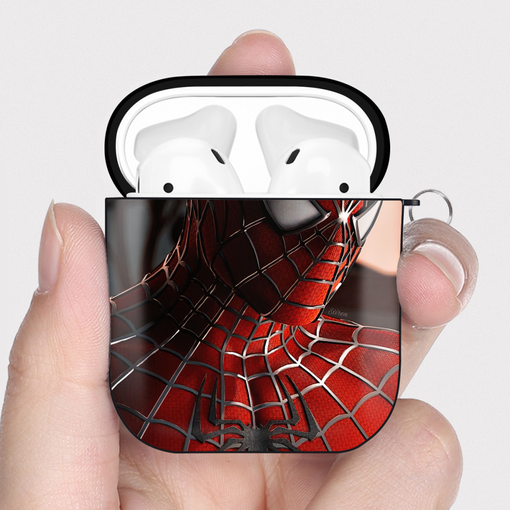 （画像用） Spider Man スパイダーマン AirPods 第2世代保護ケース ハードシェル ブラック 耐衝撃・防指紋・カラビナ付き