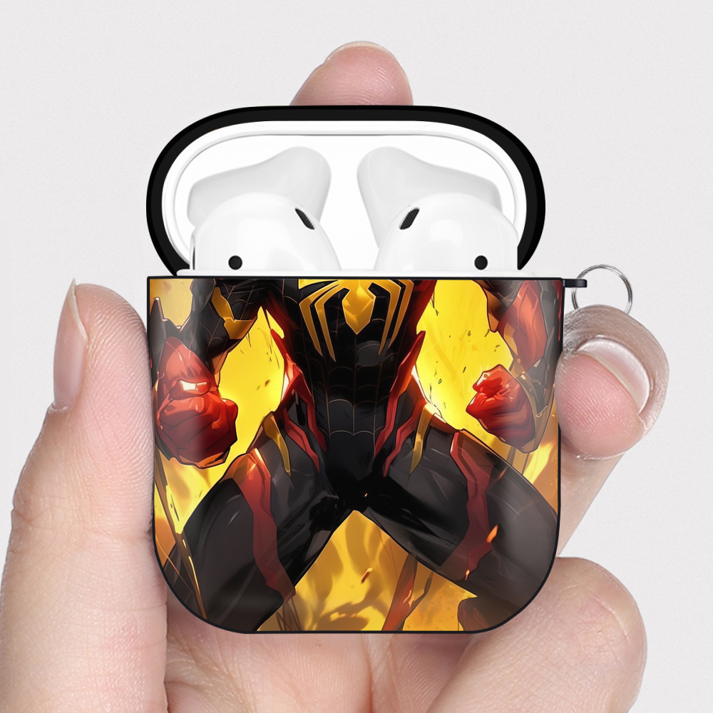 （画像用） Spider Man スパイダーマン AirPods 第2世代保護ケース ハードシェル ブラック 耐衝撃・防指紋・カラビナ付き