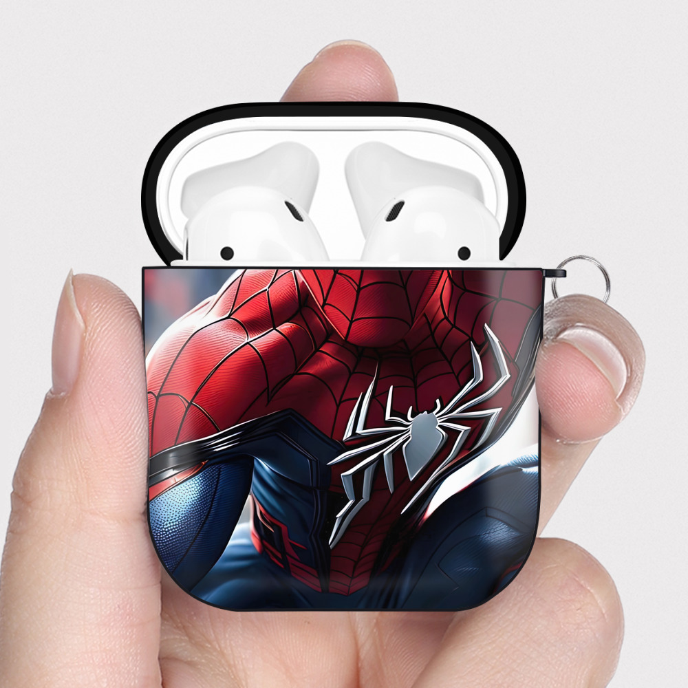 （画像用） Spider Man スパイダーマン AirPods 第2世代保護ケース ハードシェル ブラック 耐衝撃・防指紋・カラビナ付き