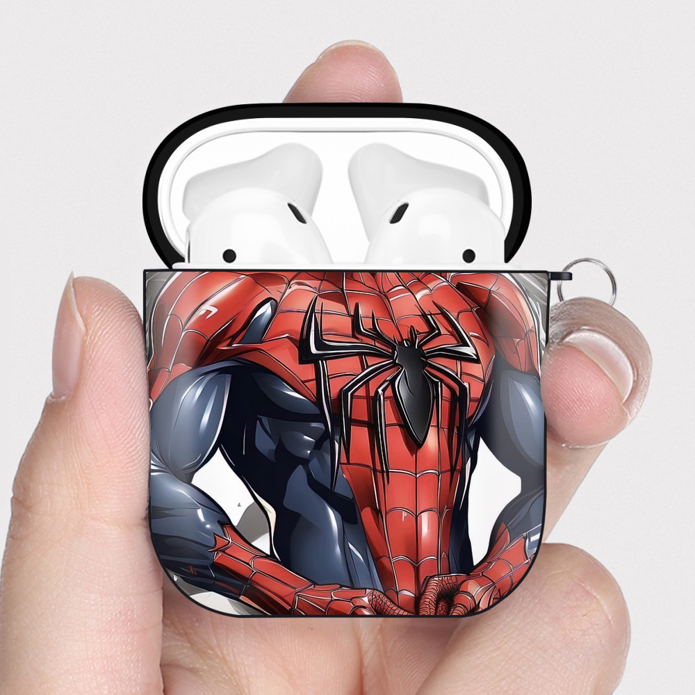 （画像用） Spider Man スパイダーマン AirPods 第2世代保護ケース ハードシェル ブラック 耐衝撃・防指紋・カラビナ付き