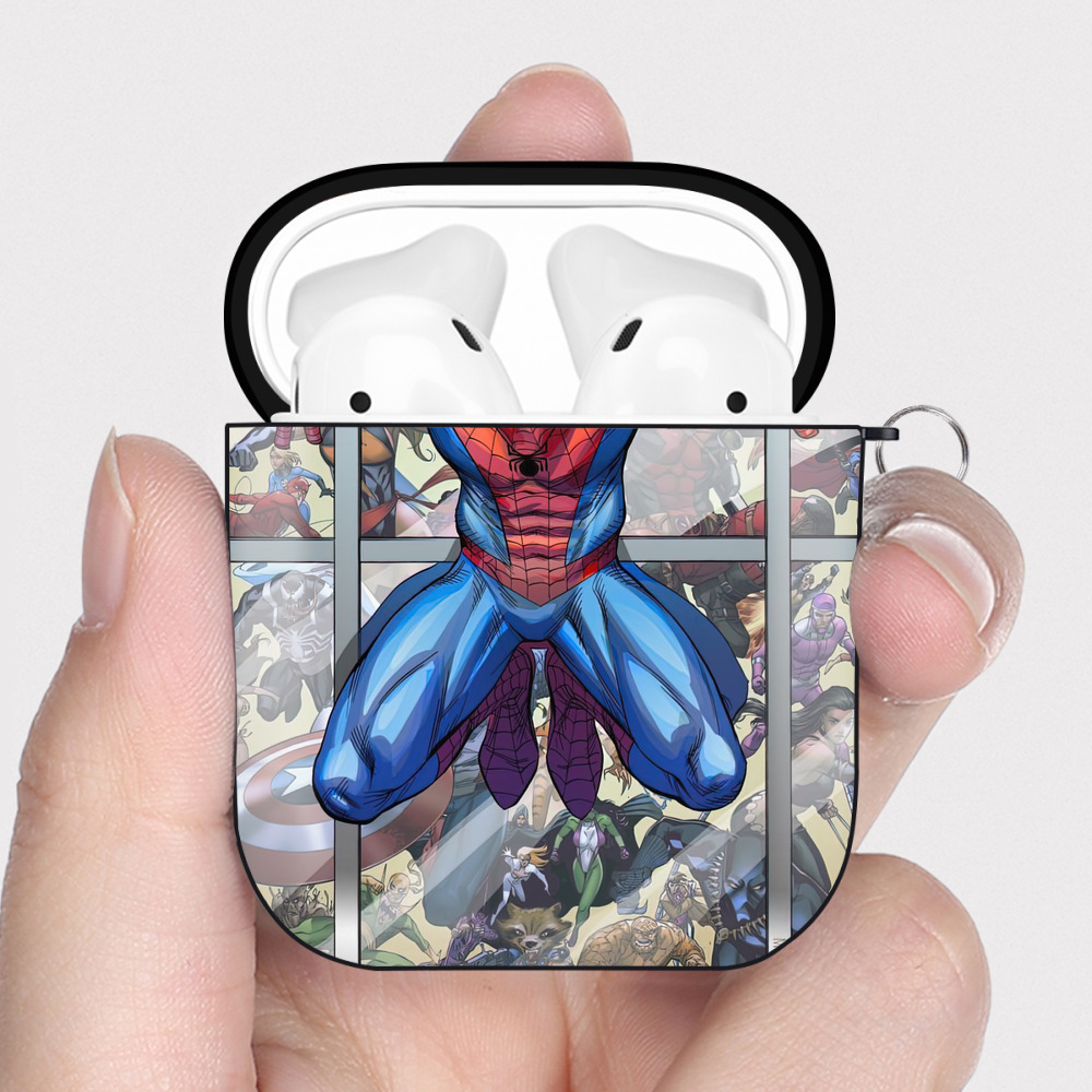 （画像用） Spider Man スパイダーマン AirPods 第2世代保護ケース ハードシェル ブラック 耐衝撃・防指紋・カラビナ付き