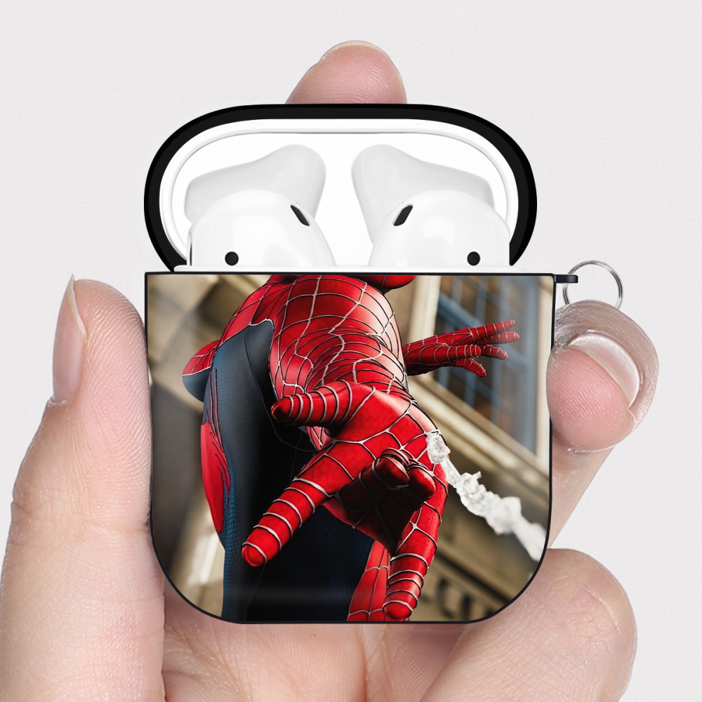 （画像用） Spider Man スパイダーマン AirPods 第2世代保護ケース ハードシェル ブラック 耐衝撃・防指紋・カラビナ付き