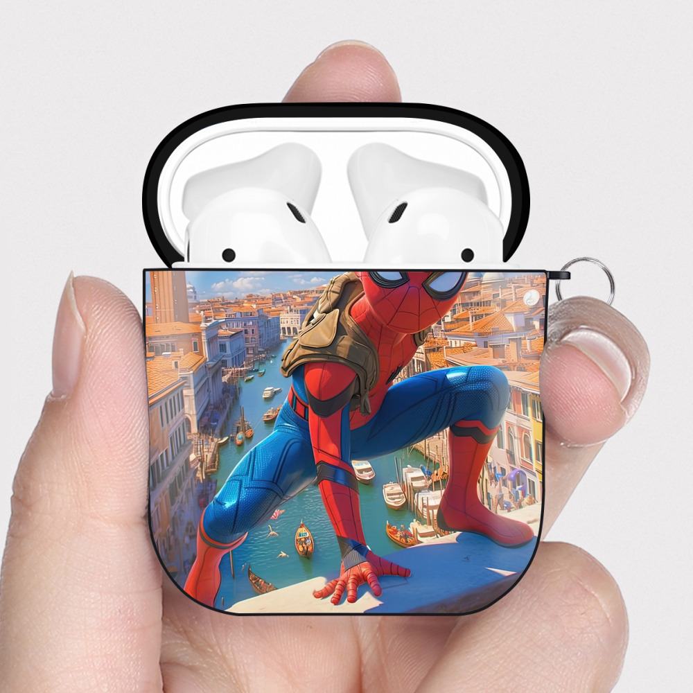 （画像用） Spider Man スパイダーマン AirPods 第2世代保護ケース ハードシェル ブラック 耐衝撃・防指紋・カラビナ付き