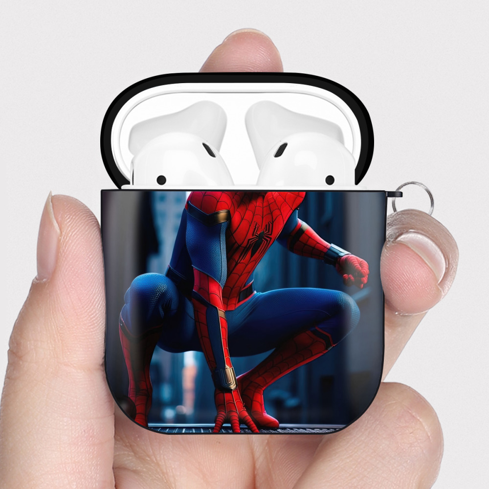 （画像用） Spider Man スパイダーマン AirPods 第2世代保護ケース ハードシェル ブラック 耐衝撃・防指紋・カラビナ付き