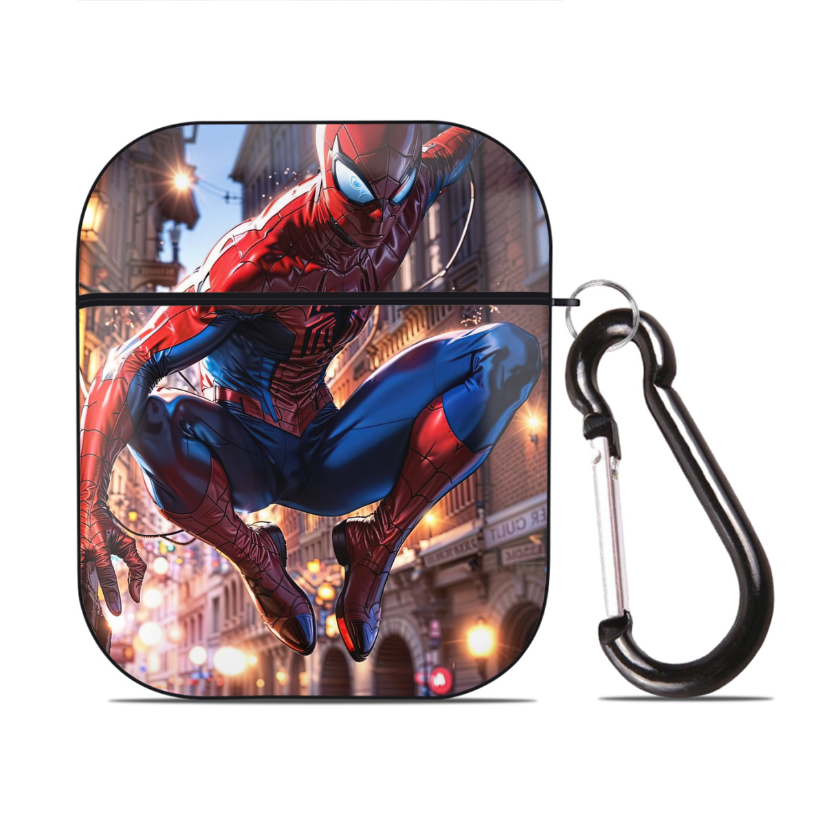 （画像用） Spider Man スパイダーマン AirPods 第2世代保護ケース ハードシェル ブラック 耐衝撃・防指紋・カラビナ付き