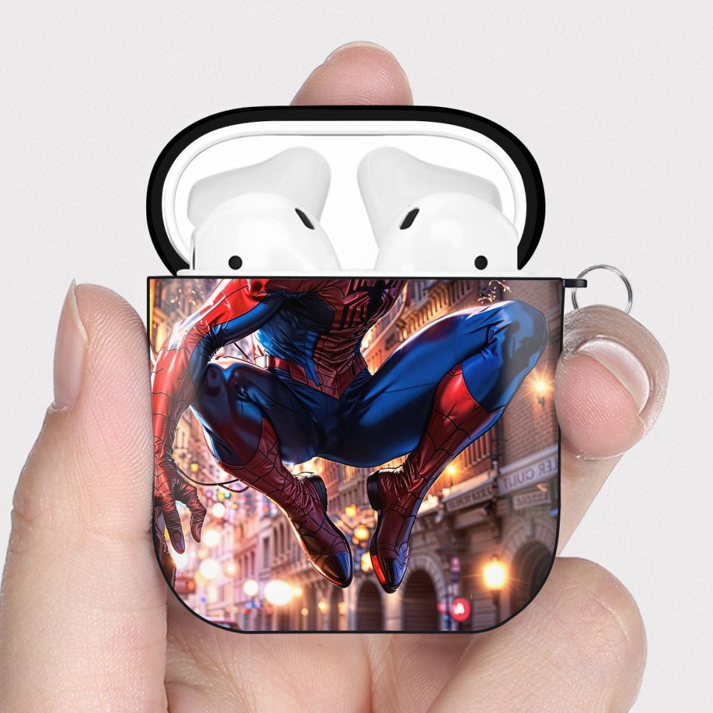 （画像用） Spider Man スパイダーマン AirPods 第2世代保護ケース ハードシェル ブラック 耐衝撃・防指紋・カラビナ付き