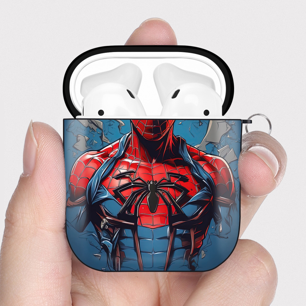 （画像用） Spider Man スパイダーマン AirPods 第2世代保護ケース ハードシェル ブラック 耐衝撃・防指紋・カラビナ付き