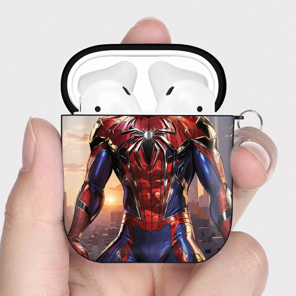 （画像用） Spider Man スパイダーマン AirPods 第2世代保護ケース ハードシェル ブラック 耐衝撃・防指紋・カラビナ付き