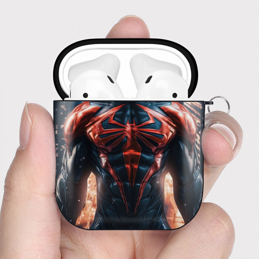 （画像用） Spider Man スパイダーマン AirPods 第2世代保護ケース ハードシェル ブラック 耐衝撃・防指紋・カラビナ付き