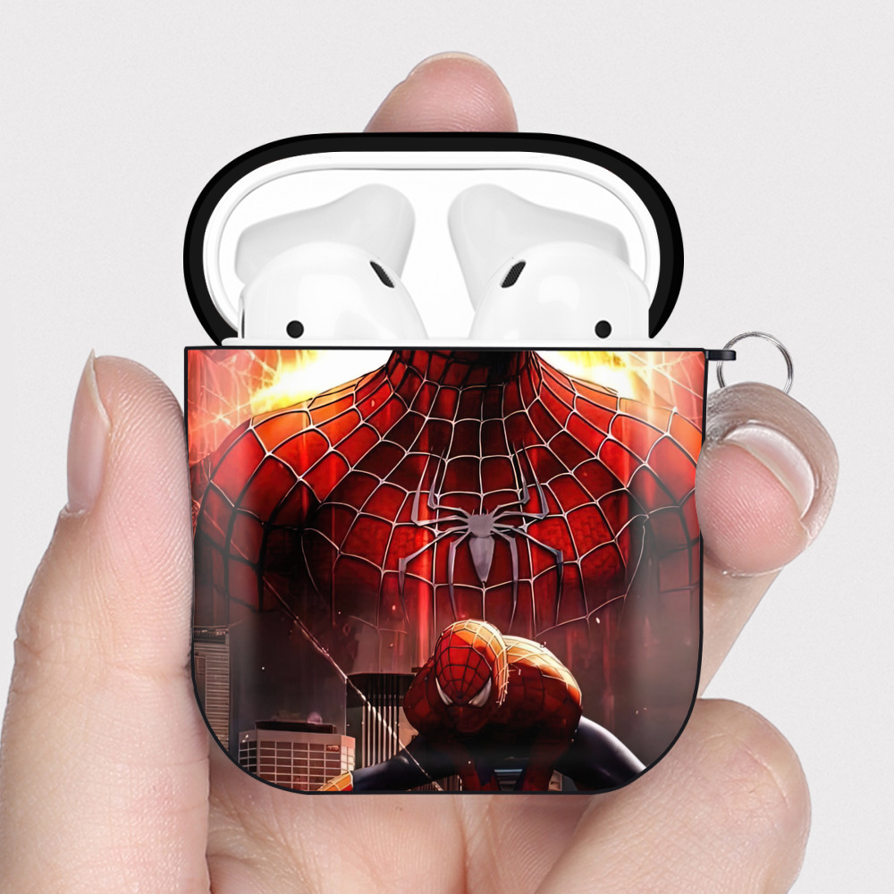 （画像用） Spider Man スパイダーマン AirPods 第2世代保護ケース ハードシェル ブラック 耐衝撃・防指紋・カラビナ付き