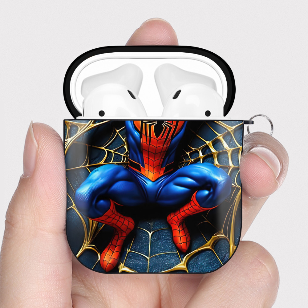 （画像用） Spider Man スパイダーマン AirPods 第2世代保護ケース ハードシェル ブラック 耐衝撃・防指紋・カラビナ付き