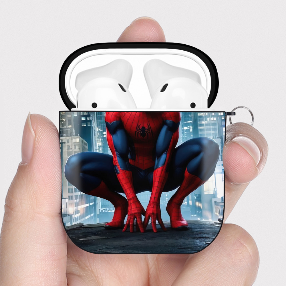（画像用） Spider Man スパイダーマン AirPods 第2世代保護ケース ハードシェル ブラック 耐衝撃・防指紋・カラビナ付き