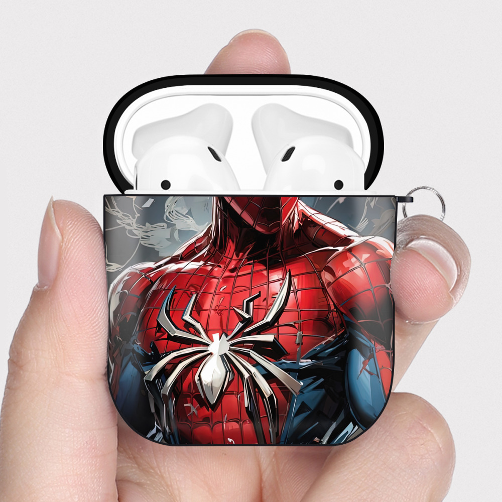 （画像用） Spider Man スパイダーマン AirPods 第2世代保護ケース ハードシェル ブラック 耐衝撃・防指紋・カラビナ付き