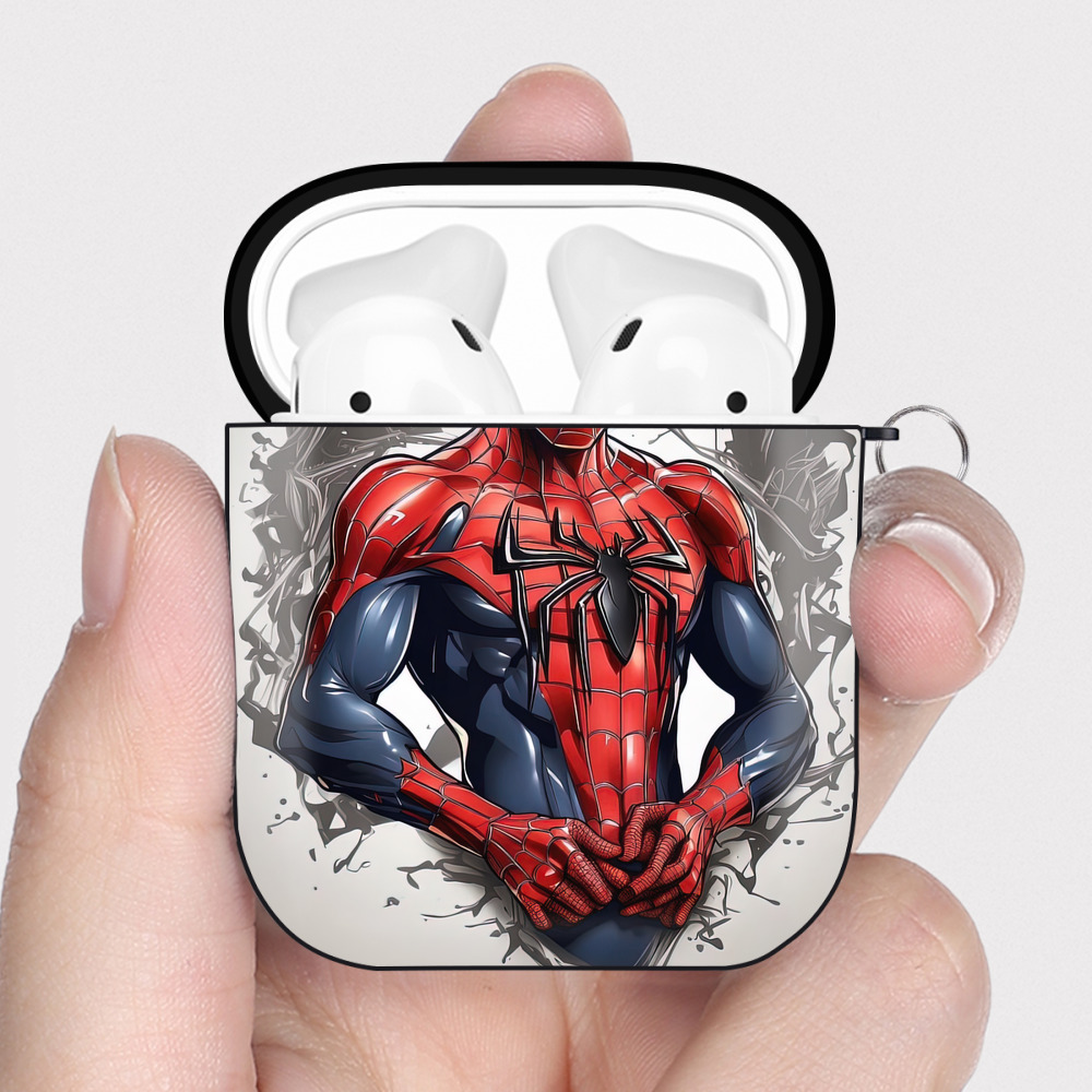 （画像用） Spider Man スパイダーマン AirPods 第2世代保護ケース ハードシェル ブラック 耐衝撃・防指紋・カラビナ付き