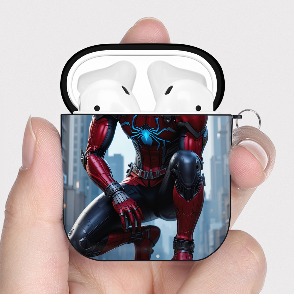 （画像用） Spider Man スパイダーマン AirPods 第2世代保護ケース ハードシェル ブラック 耐衝撃・防指紋・カラビナ付き