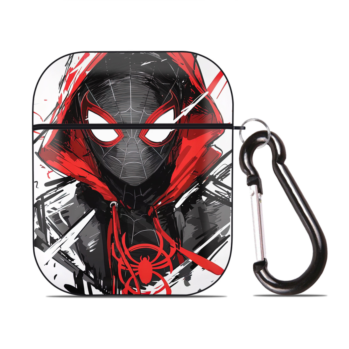 （画像用） Spider Man スパイダーマン AirPods 第2世代保護ケース ハードシェル ブラック 耐衝撃・防指紋・カラビナ付き