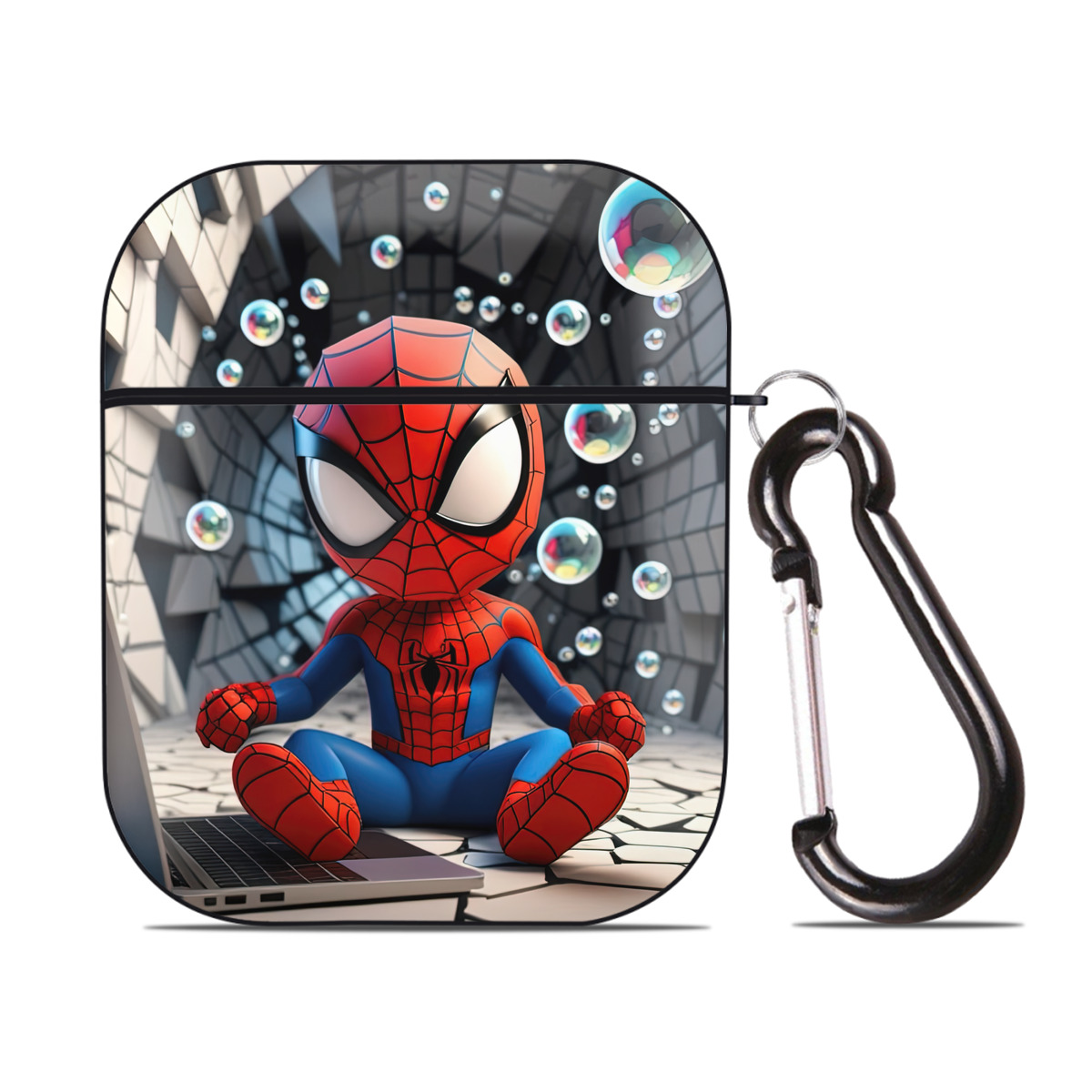 （画像用） Spider Man スパイダーマン AirPods 第2世代保護ケース ハードシェル ブラック 耐衝撃・防指紋・カラビナ付き