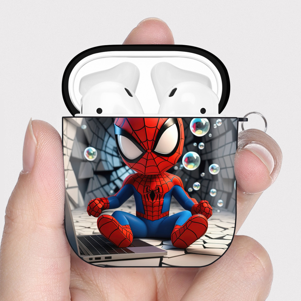 （画像用） Spider Man スパイダーマン AirPods 第2世代保護ケース ハードシェル ブラック 耐衝撃・防指紋・カラビナ付き