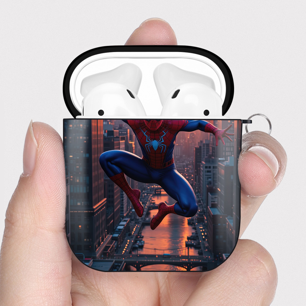 （画像用） Spider Man スパイダーマン AirPods 第2世代保護ケース ハードシェル ブラック 耐衝撃・防指紋・カラビナ付き
