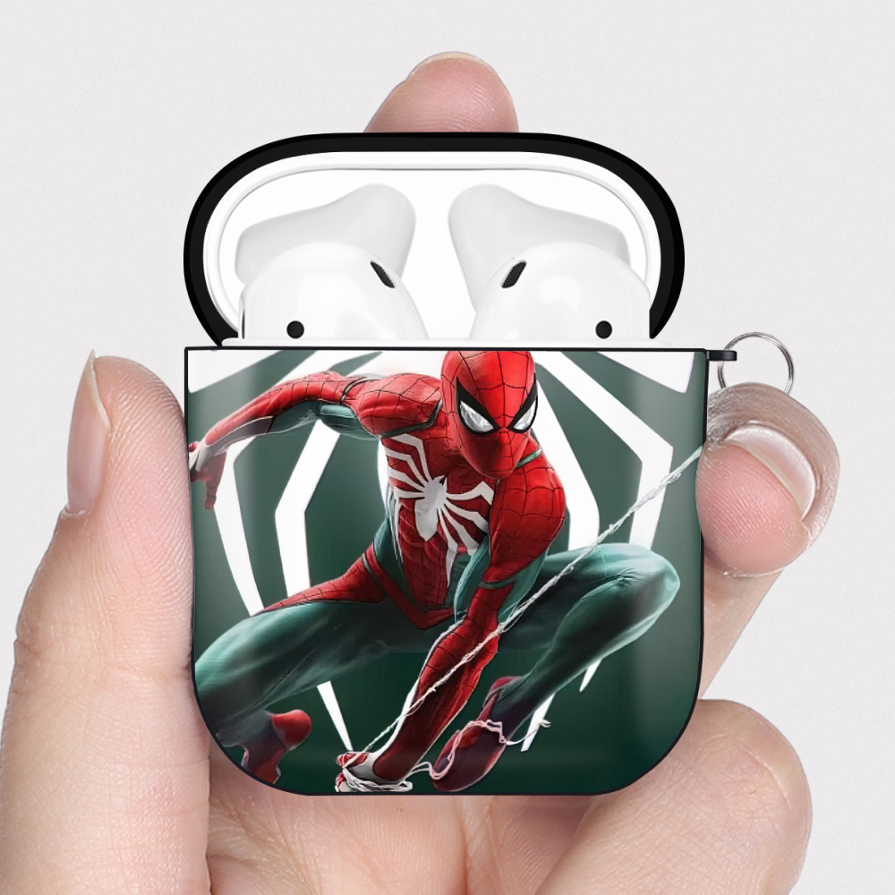 （画像用） Spider Man スパイダーマン AirPods 第2世代保護ケース ハードシェル ブラック 耐衝撃・防指紋・カラビナ付き