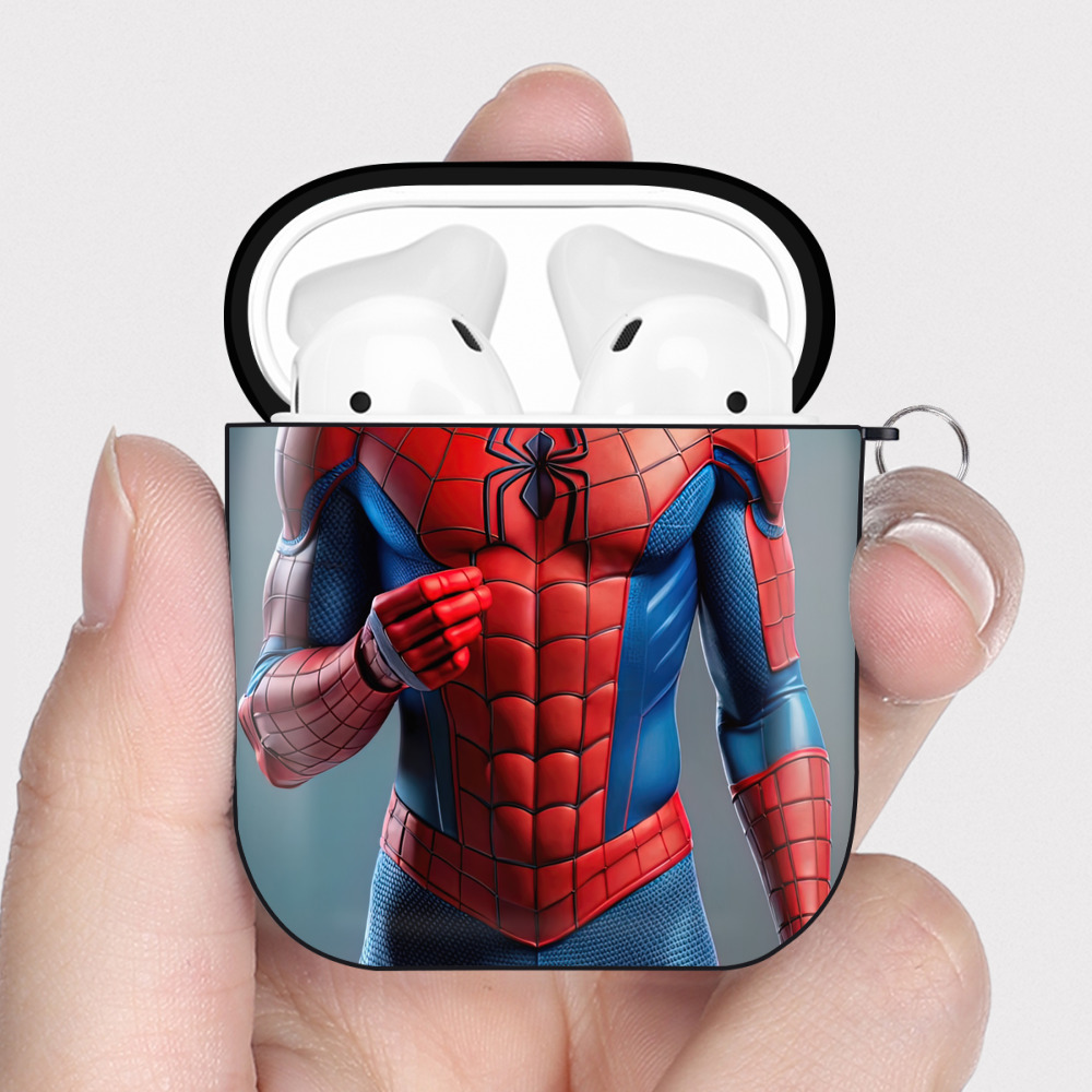 （画像用） Spider Man スパイダーマン AirPods 第2世代保護ケース ハードシェル ブラック 耐衝撃・防指紋・カラビナ付き