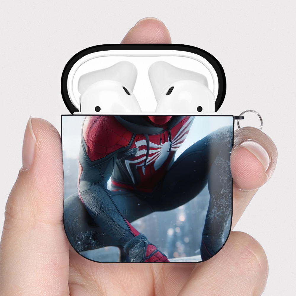（画像用） Spider Man スパイダーマン AirPods 第2世代保護ケース ハードシェル ブラック 耐衝撃・防指紋・カラビナ付き