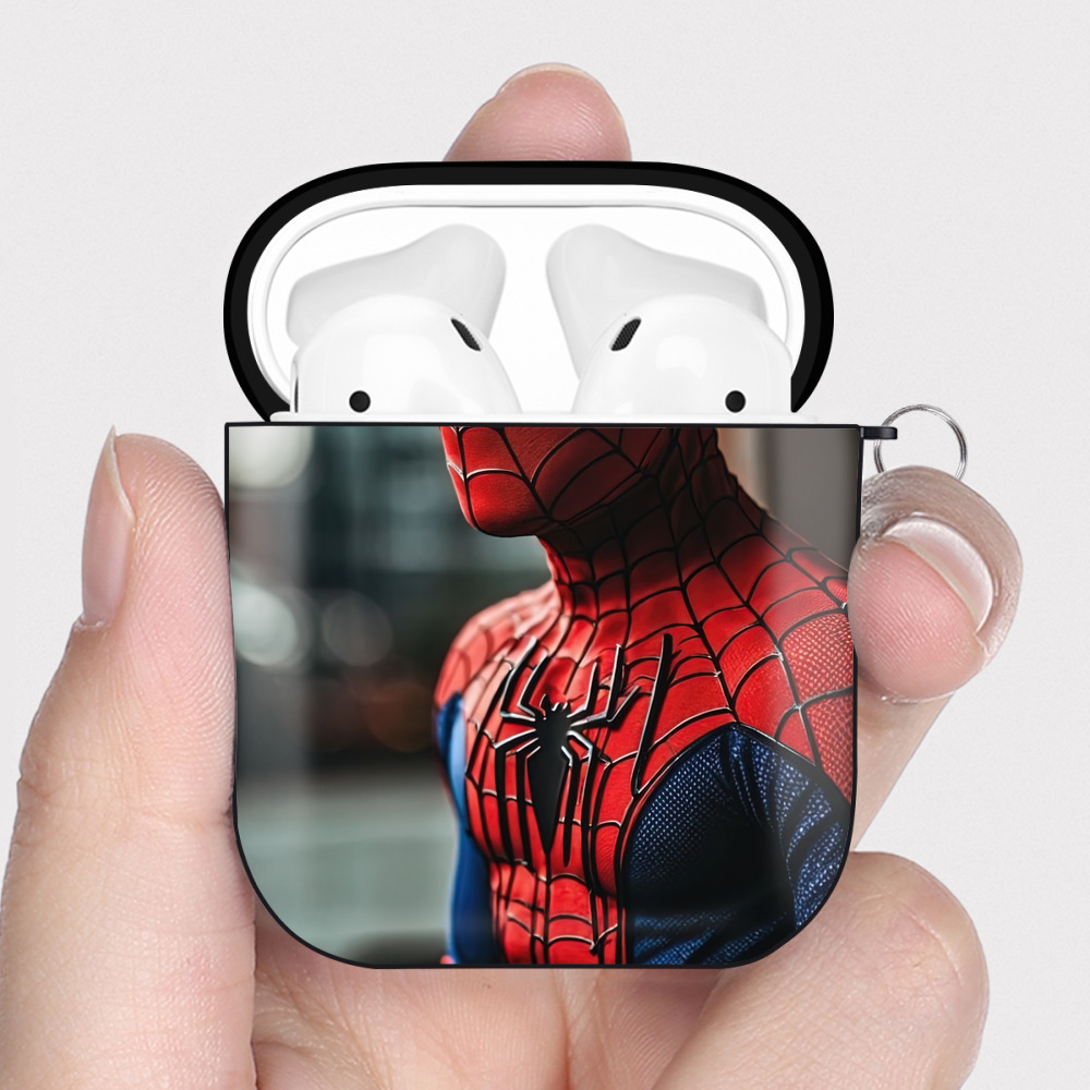 （画像用） Spider Man スパイダーマン AirPods 第2世代保護ケース ハードシェル ブラック 耐衝撃・防指紋・カラビナ付き