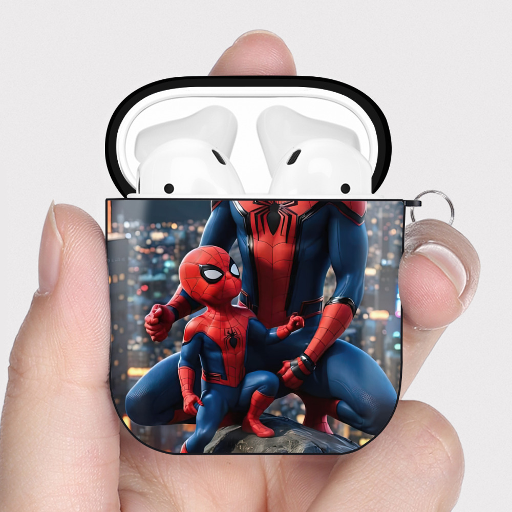 （画像用） Spider Man スパイダーマン AirPods 第2世代保護ケース ハードシェル ブラック 耐衝撃・防指紋・カラビナ付き