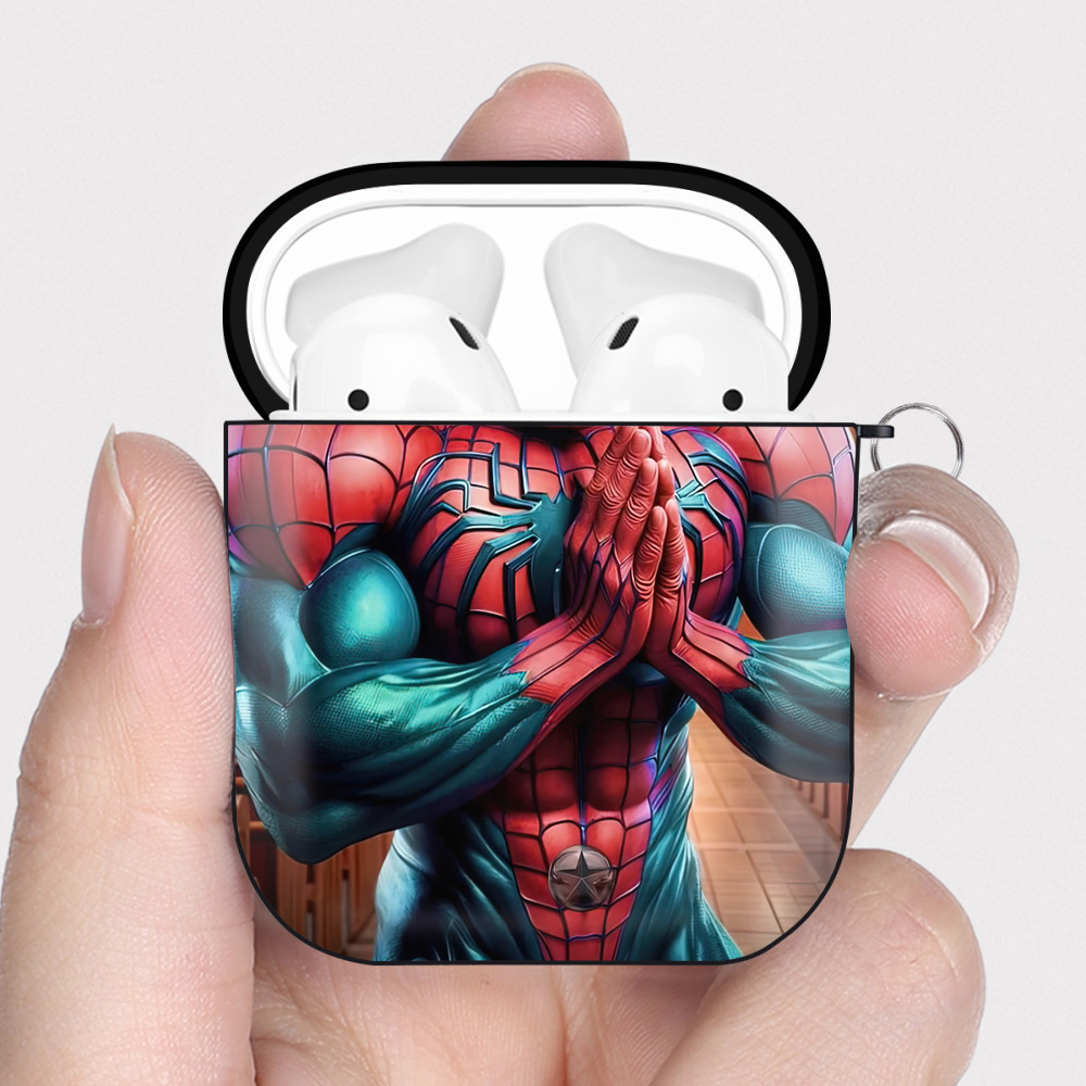 （画像用） Spider Man スパイダーマン AirPods 第2世代保護ケース ハードシェル ブラック 耐衝撃・防指紋・カラビナ付き