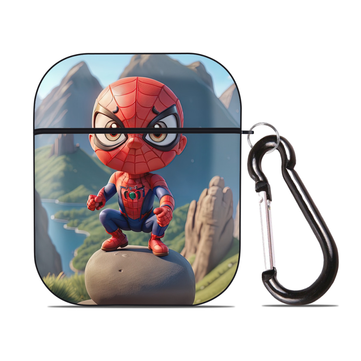 （画像用） Spider Man スパイダーマン AirPods 第2世代保護ケース ハードシェル ブラック 耐衝撃・防指紋・カラビナ付き